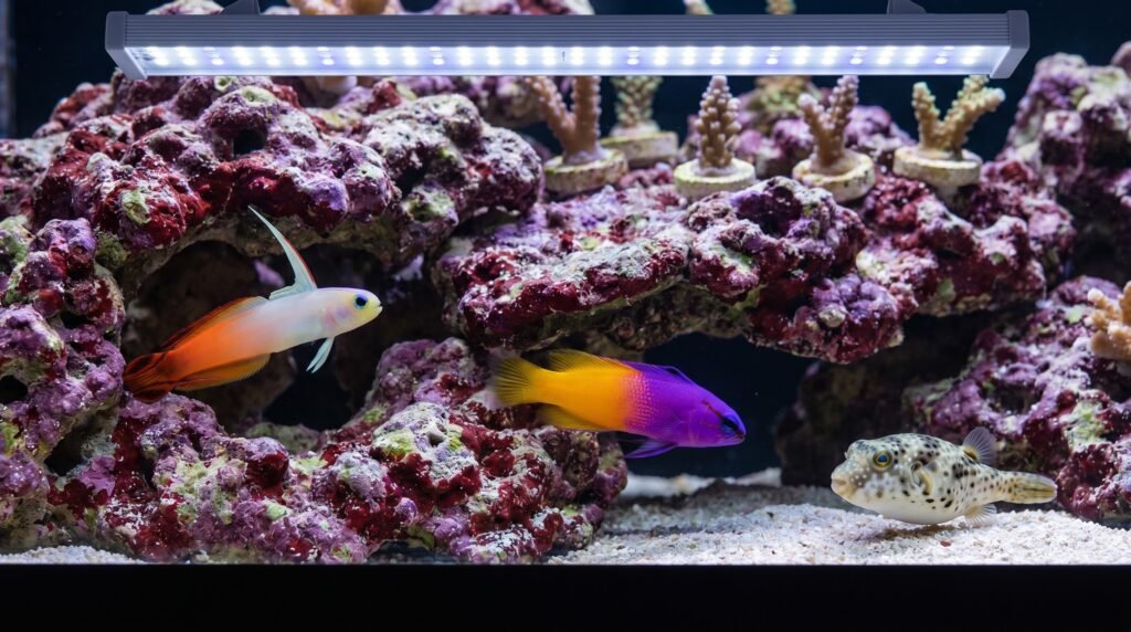 firefish goby and royal gramma near live rock beside a pufferfish in a reef tank