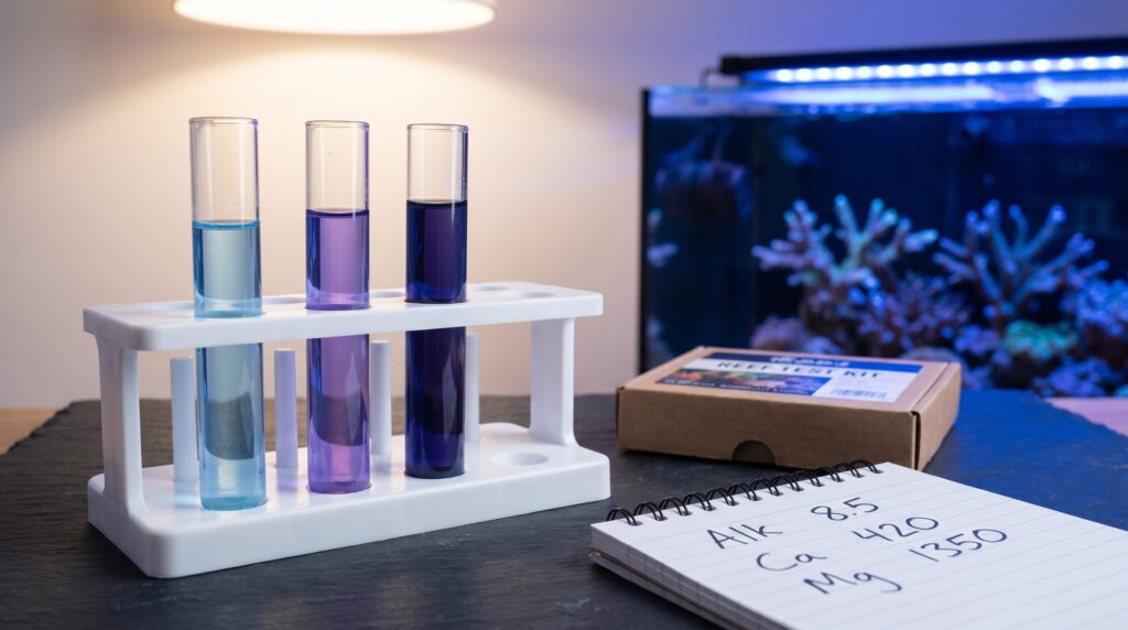 Three colorimetric reef parameter tests for alkalinity, calcium, and magnesium beside a reef tank