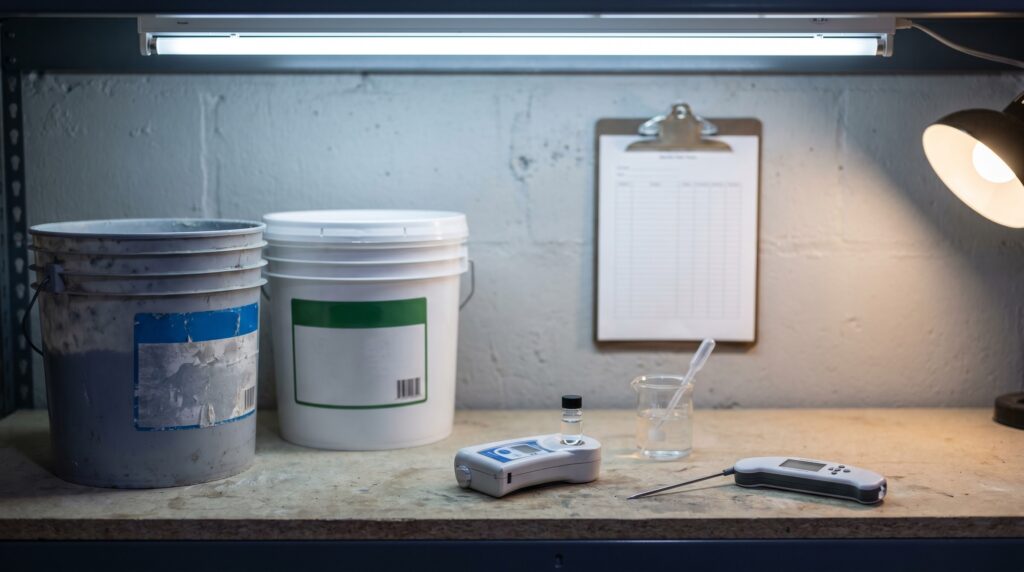 Two reef salt mix buckets on a shelf with a refractometer and water testing kit for brand transition