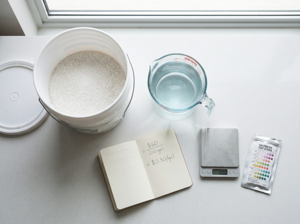 Reef salt bucket, measuring cup, and notebook showing cost per gallon calculation