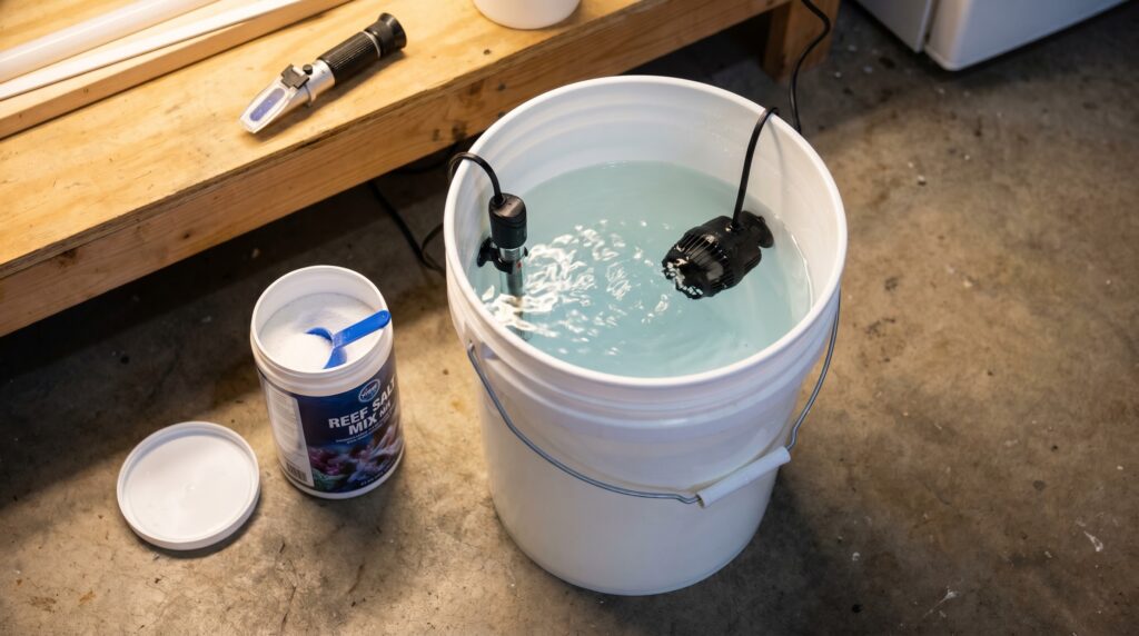 reef salt mixing bucket with aquarium heater and powerhead ready for water change