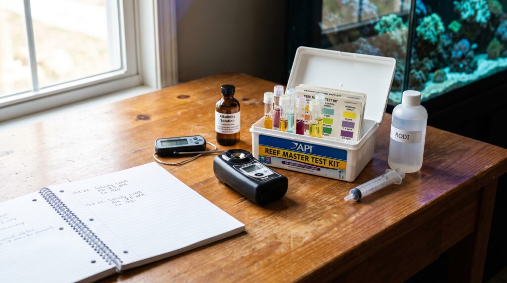 reef tank water test kit and refractometer on a desk with aquarium glow in background