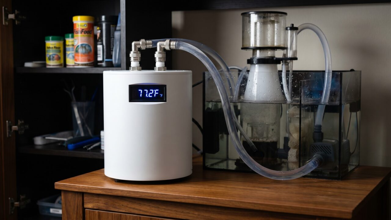 Inline aquarium chiller connected to a reef tank sump with clear vinyl tubing