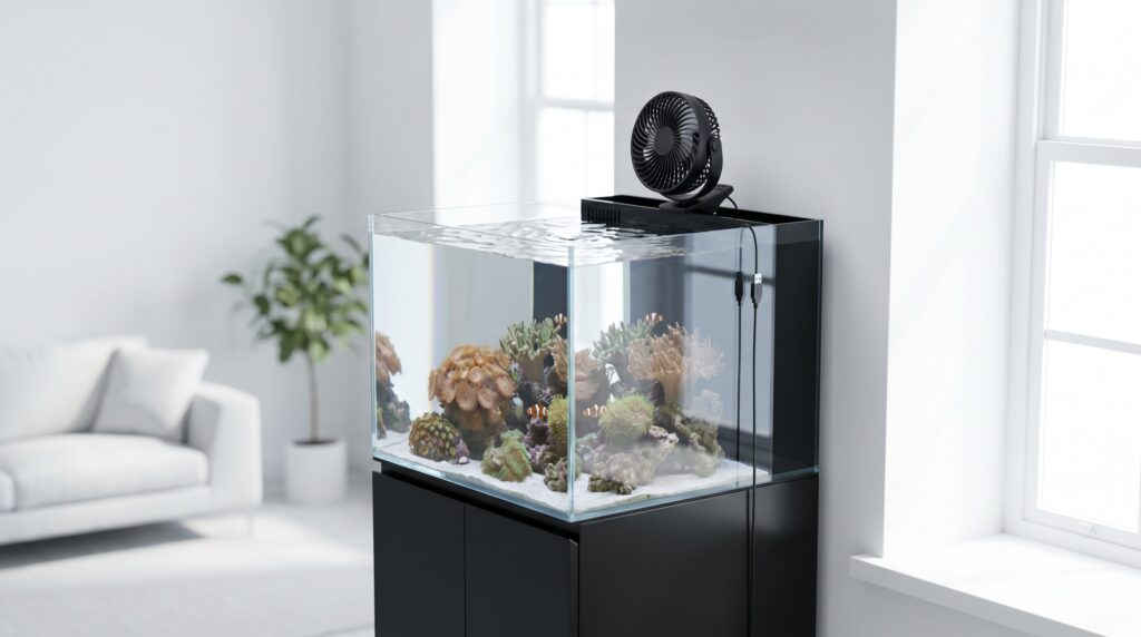 Small clip fan attached to open-top reef aquarium rim blowing across water surface