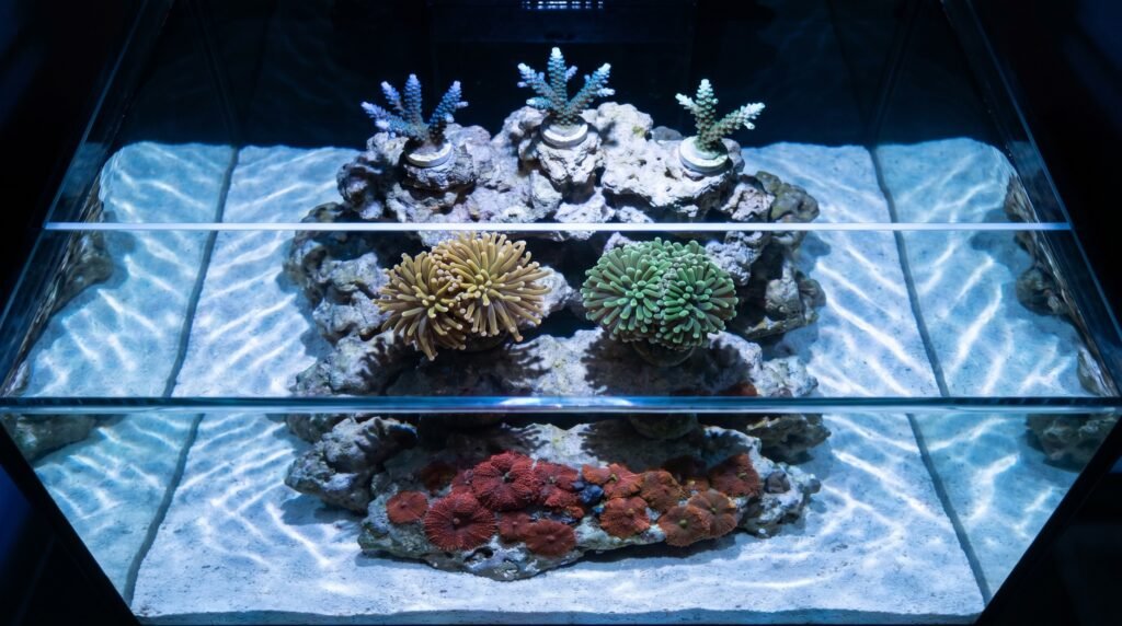 reef tank showing three coral placement zones with SPS on top and soft corals below