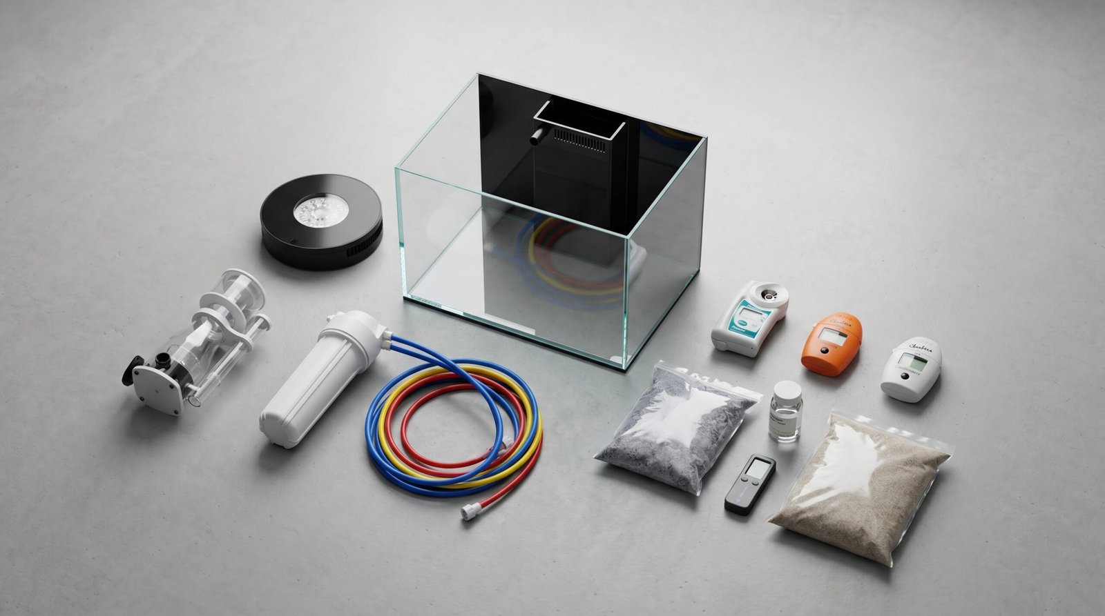 flat lay of reef tank startup equipment including LED light, skimmer, RODI unit, and test kits