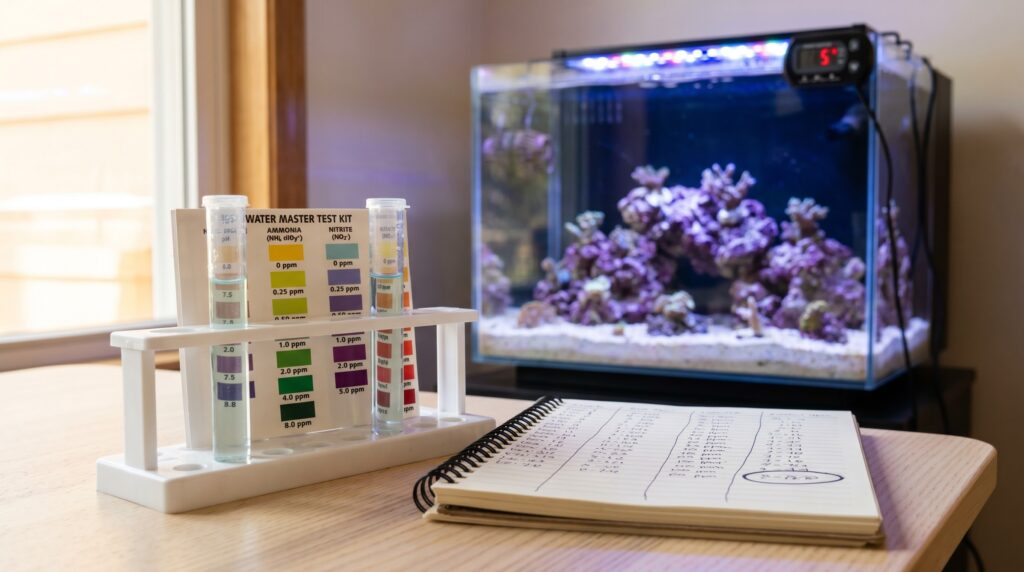 Two test tubes showing zero ammonia and zero nitrite readings confirming reef tank cycle is complete