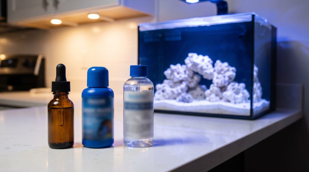 Three aquarium cycling products - pure ammonia, live bacteria, and bacterial supplement bottles - beside a new reef tank