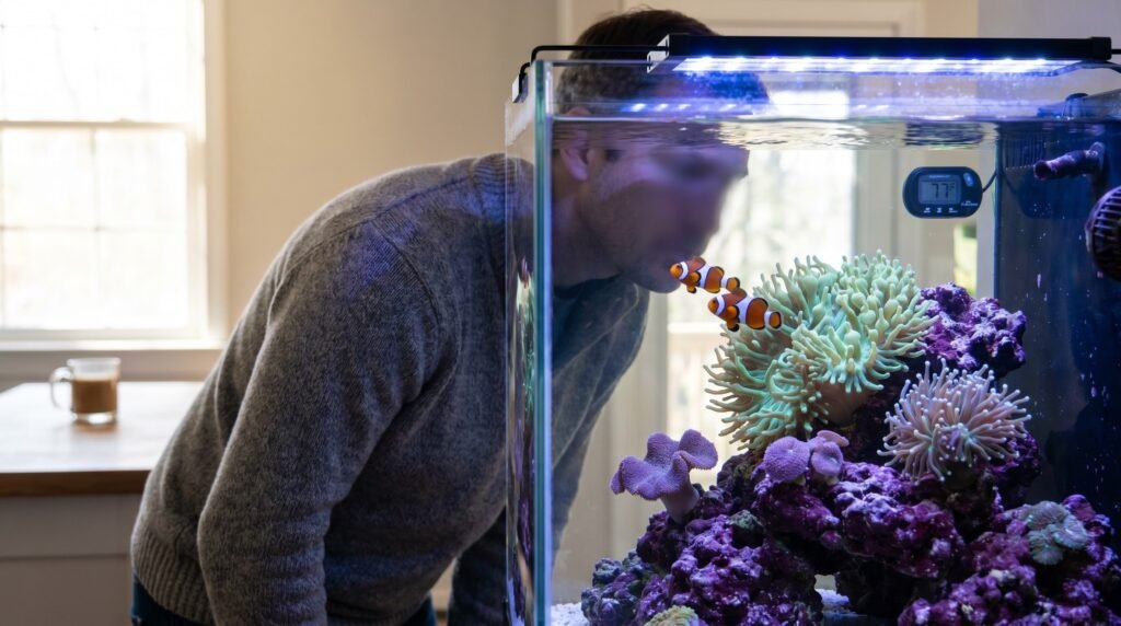 aquarist inspecting reef tank corals and fish during a daily observation check