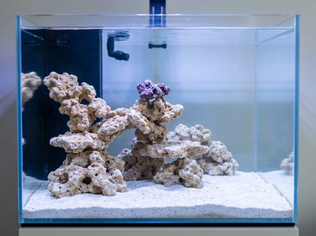 freshly aquascaped reef tank showing dry rock and sand bed before adding livestock