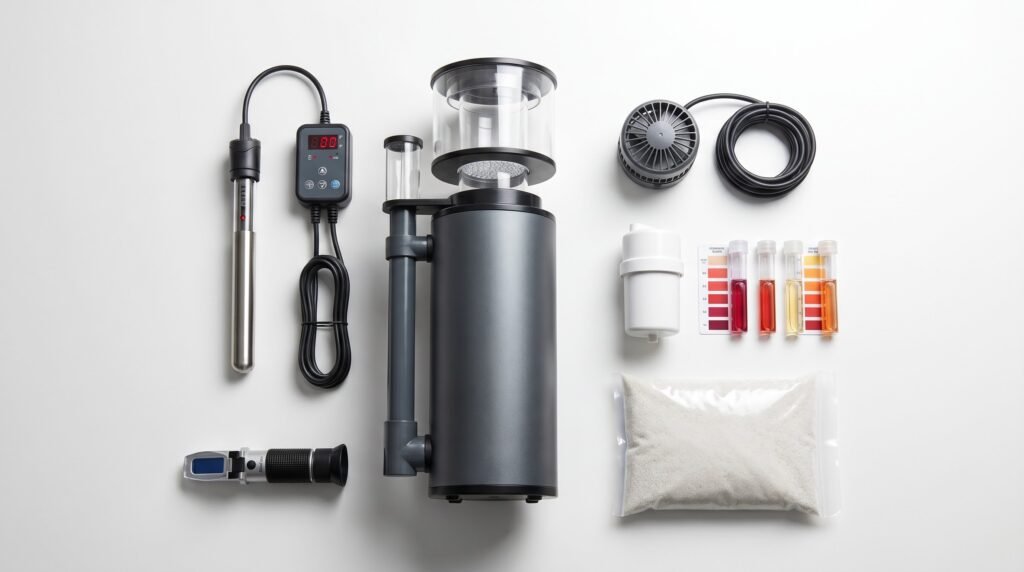 Reef tank beginner equipment laid out including skimmer, heater, refractometer, and test kits