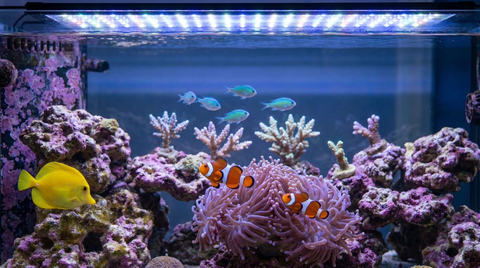 pair of clownfish and chromis school in a mature mixed reef community tank