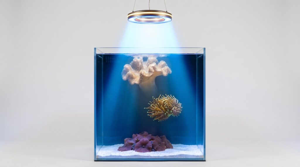 LED light cone showing PAR intensity gradient from surface to substrate in a reef tank