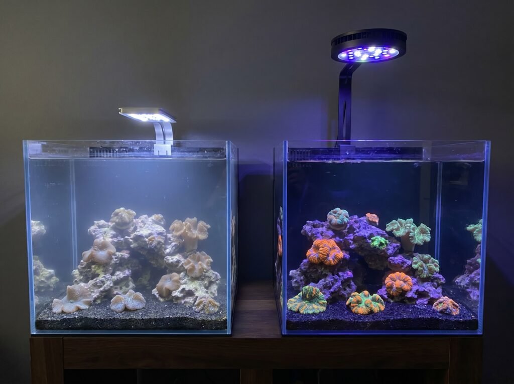 two reef tanks side by side comparing entry-level versus quality LED reef lighting output