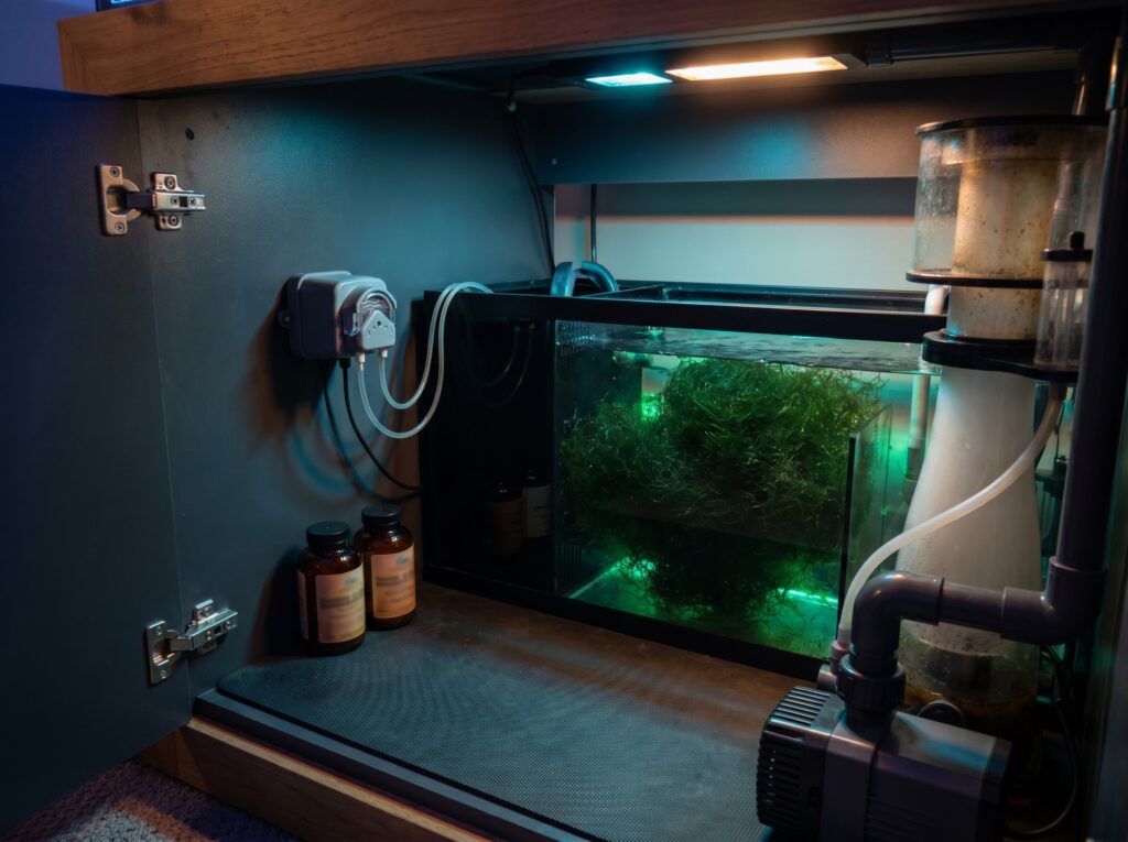 reef tank sump showing dosing pump and refugium as alternatives to water-change-only maintenance