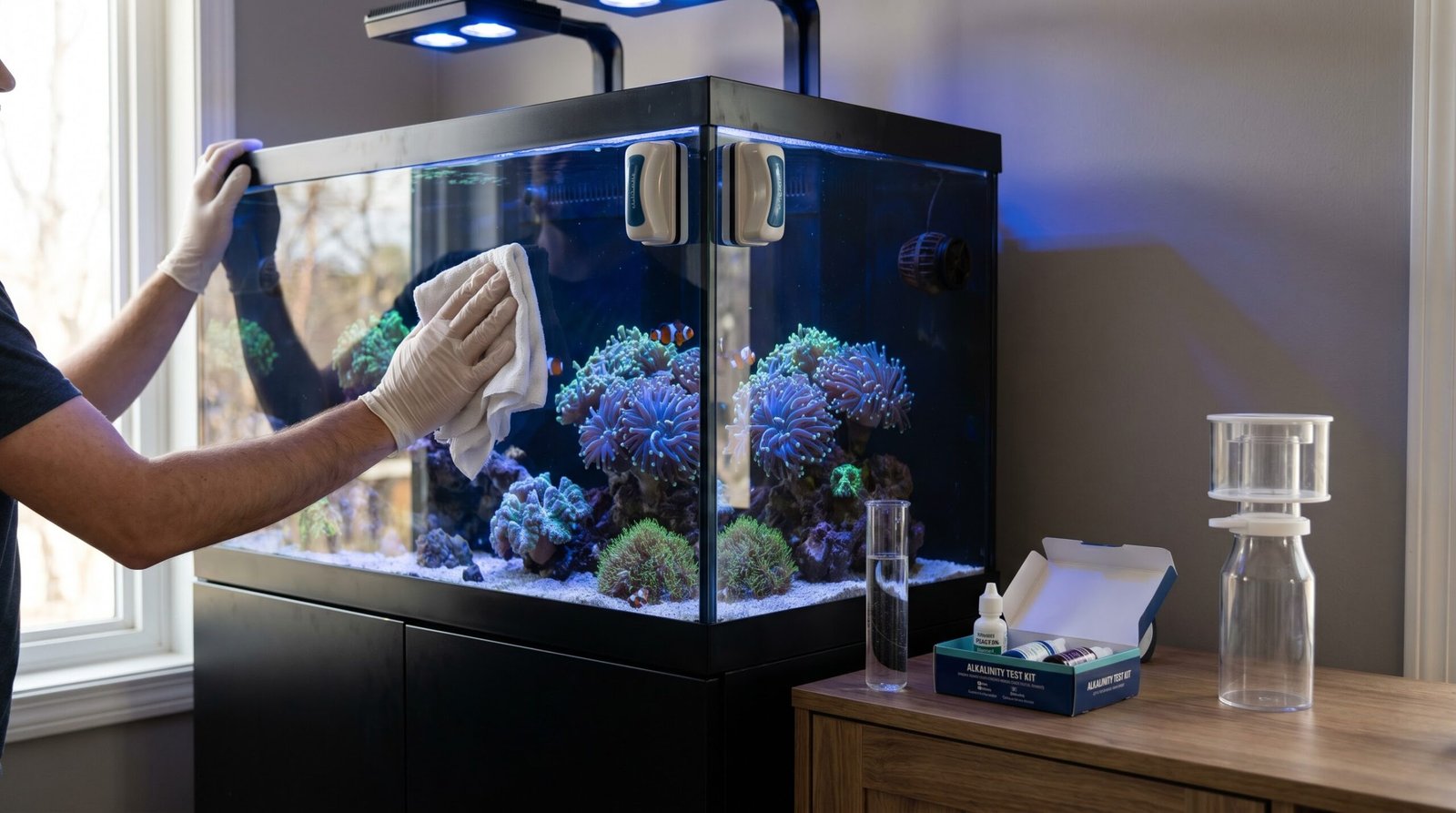 hands cleaning a reef tank during a weekly maintenance session with test kits nearby