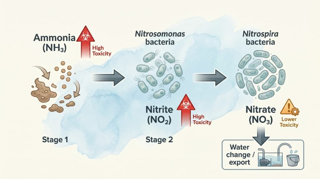 reef aquarium nitrogen cycle diagram showing ammonia to nitrite to nitrate conversion
