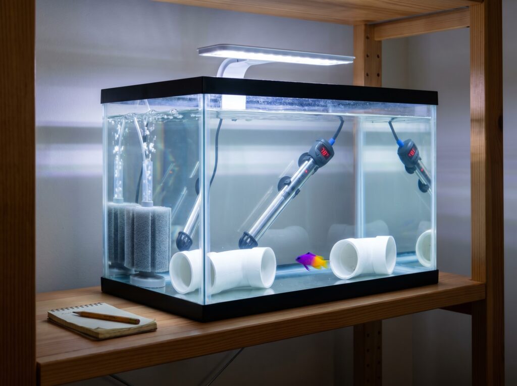 bare quarantine hospital tank with sponge filter and PVC hides for new reef fish