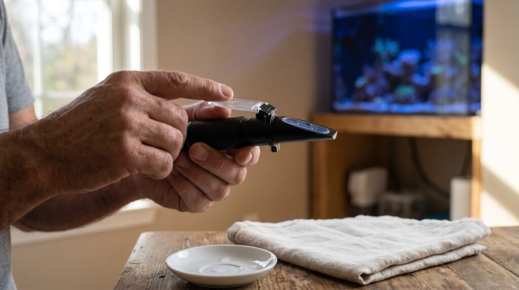 Optical refractometer measuring saltwater salinity for a reef aquarium