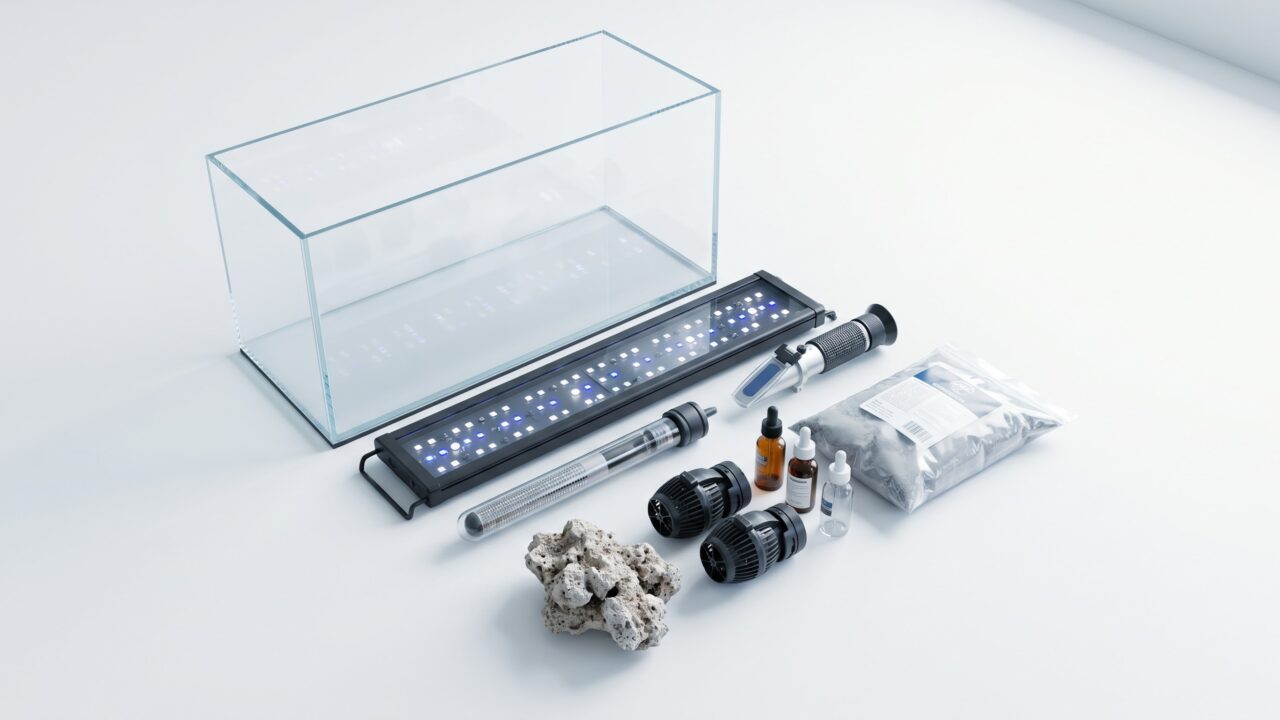 Reef tank starter equipment laid out including light, heater, wavemakers, refractometer, and test kits