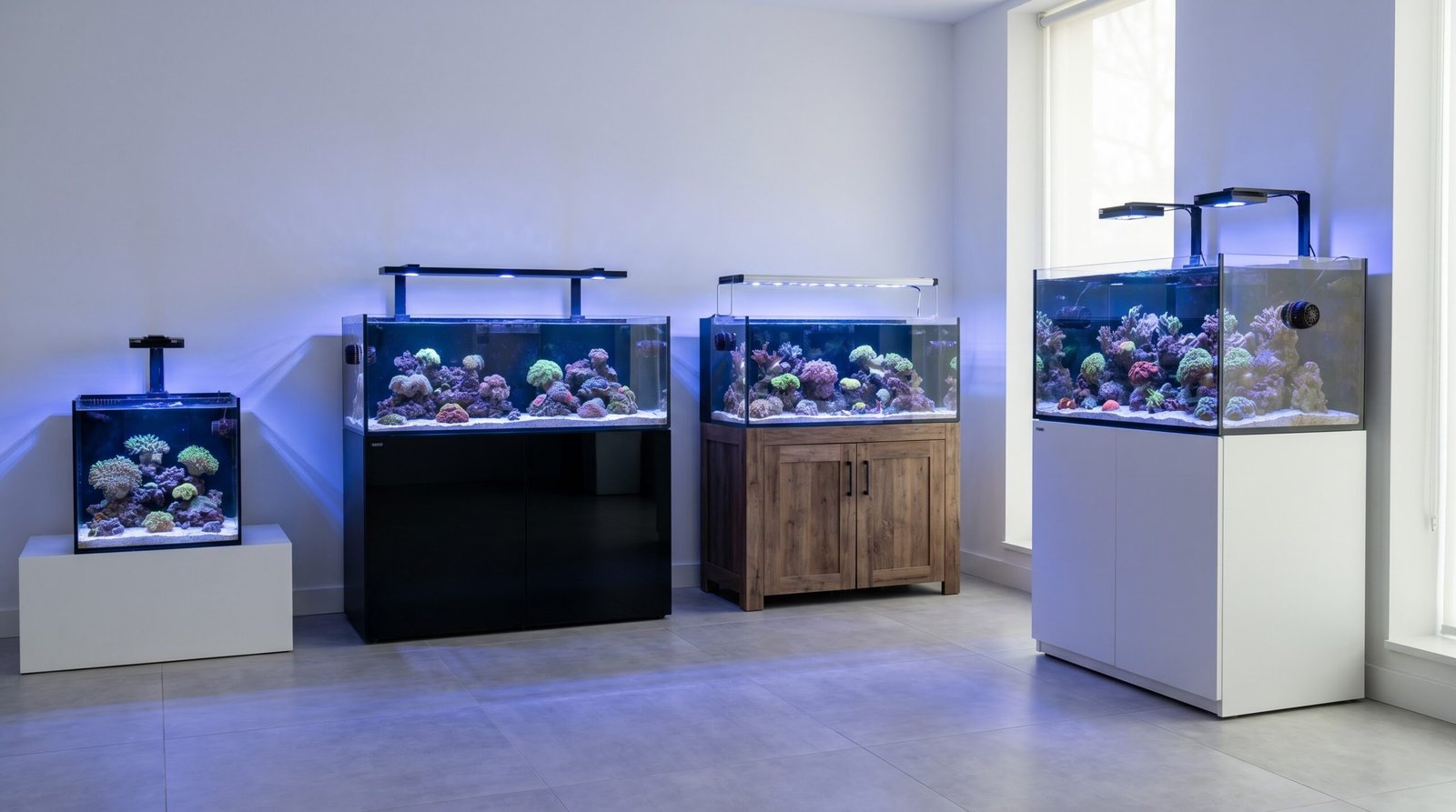 Four reef tanks of different sizes - nano, 20-gallon, 40-gallon, and 75-gallon - displayed side by side