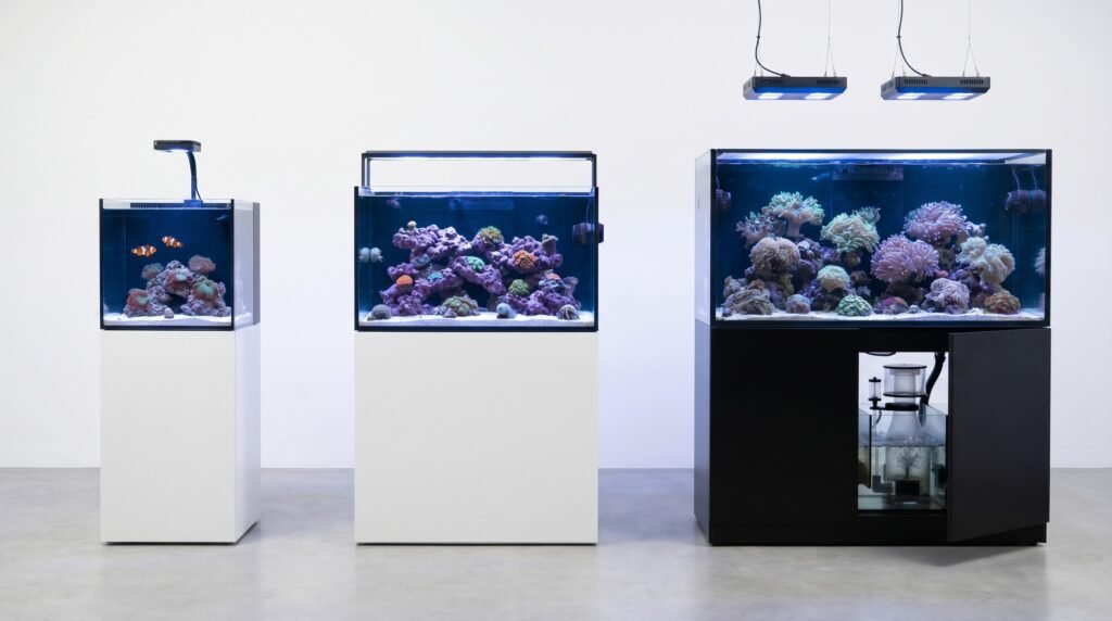three reef tanks side by side showing nano, mid-size, and 90-gallon system scale comparison