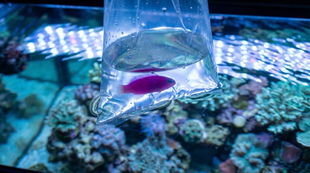 orchid dottyback in acclimation bag on reef tank surface before introduction