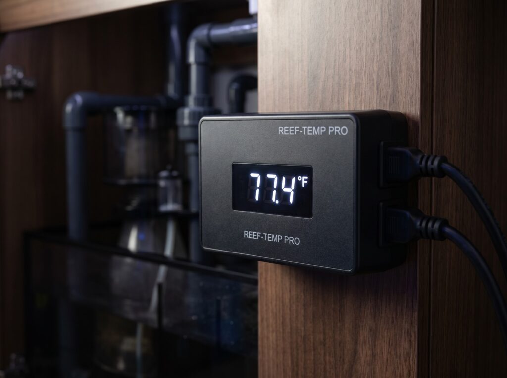 Aquarium temperature controller display showing 77.4 degrees Fahrenheit beside a reef sump