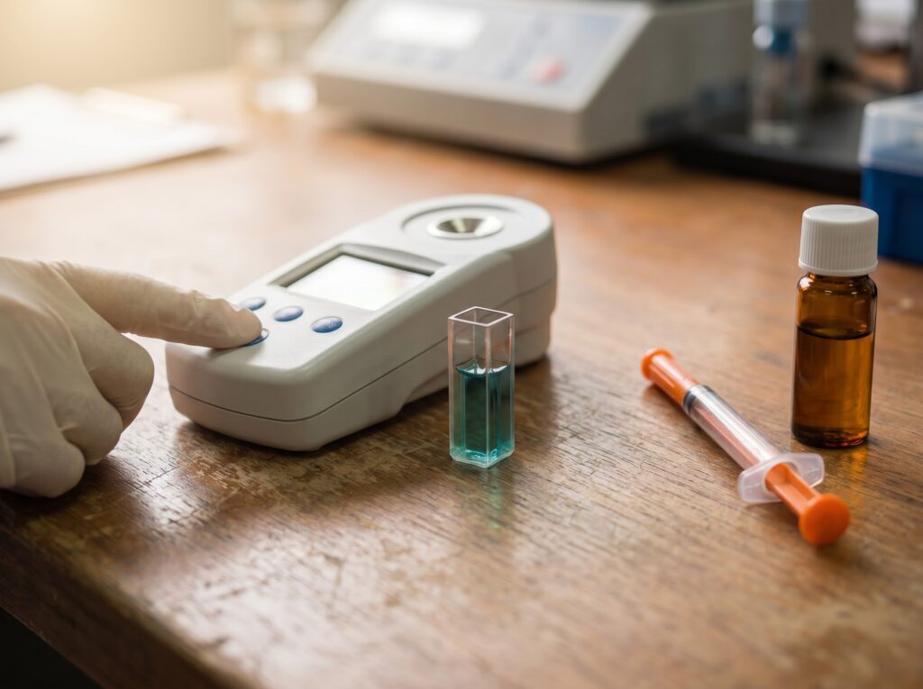 Handheld colorimeter and reagent cuvette used to test reef tank alkalinity in dKH