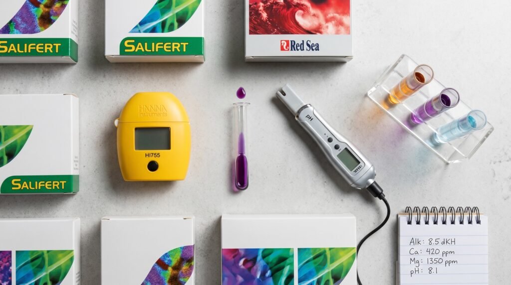 reef aquarium water test kit lineup including colorimetric checker and Salifert kits