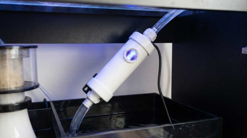 inline UV sterilizer glowing blue-purple mounted on reef tank sump plumbing