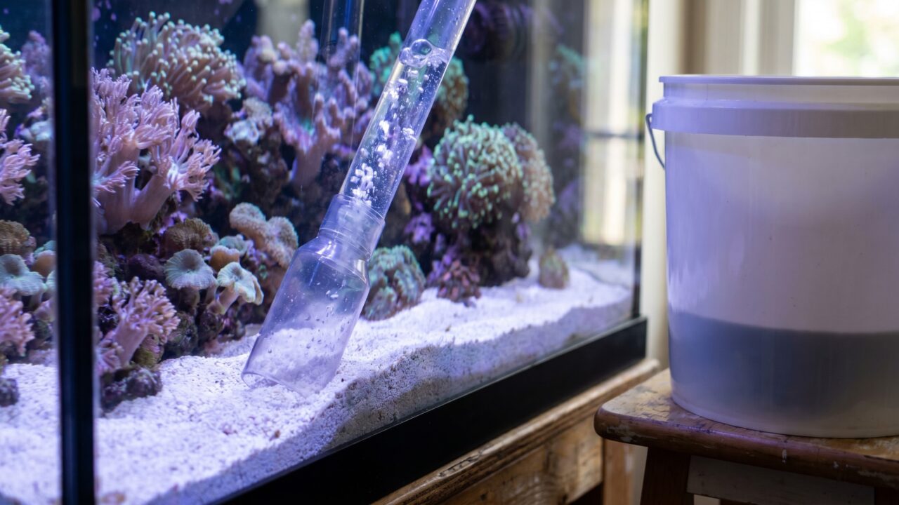 siphon tube held above white sand bed during a reef tank water change