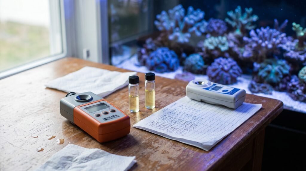 reef tank water testing station with Hanna checker, refractometer, and parameter log beside aquarium