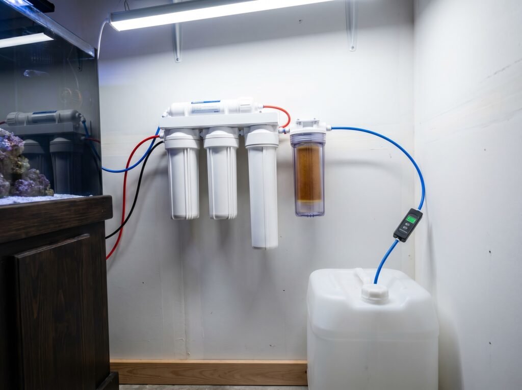 four-stage RODI water filtration system wall-mounted next to reef tank with digital TDS meter showing zero