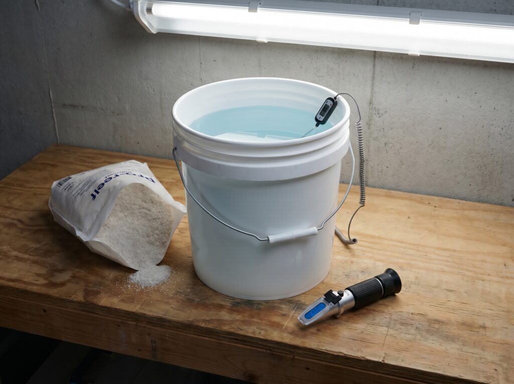 reef saltwater mixing bucket with low-alkalinity salt mix and refractometer ready for a water change