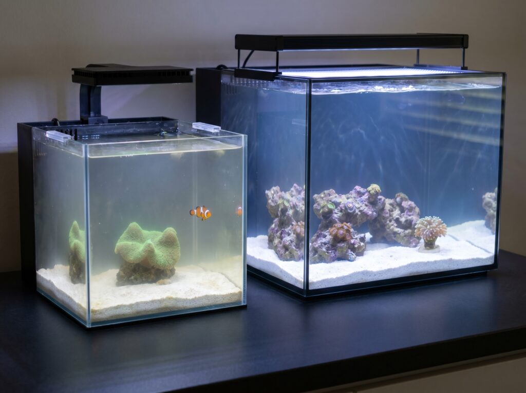 pico reef tank next to a 25-gallon AIO reef tank showing size and water clarity difference