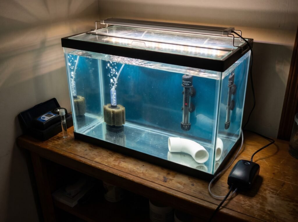 bare quarantine tank with sponge filter and PVC shelter for new marine fish