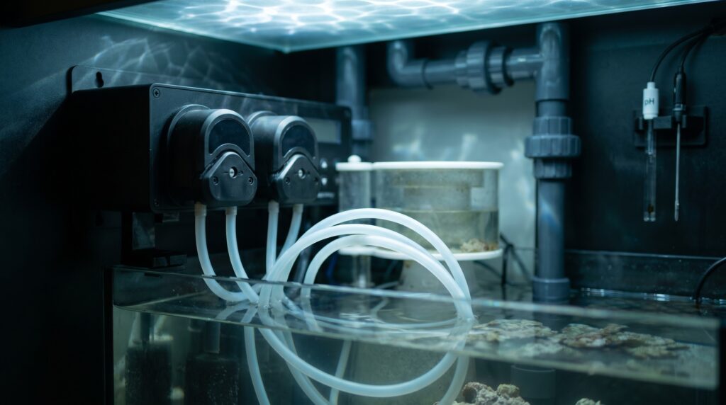 two-part dosing pump switched off beside a reef tank sump during alkalinity correction