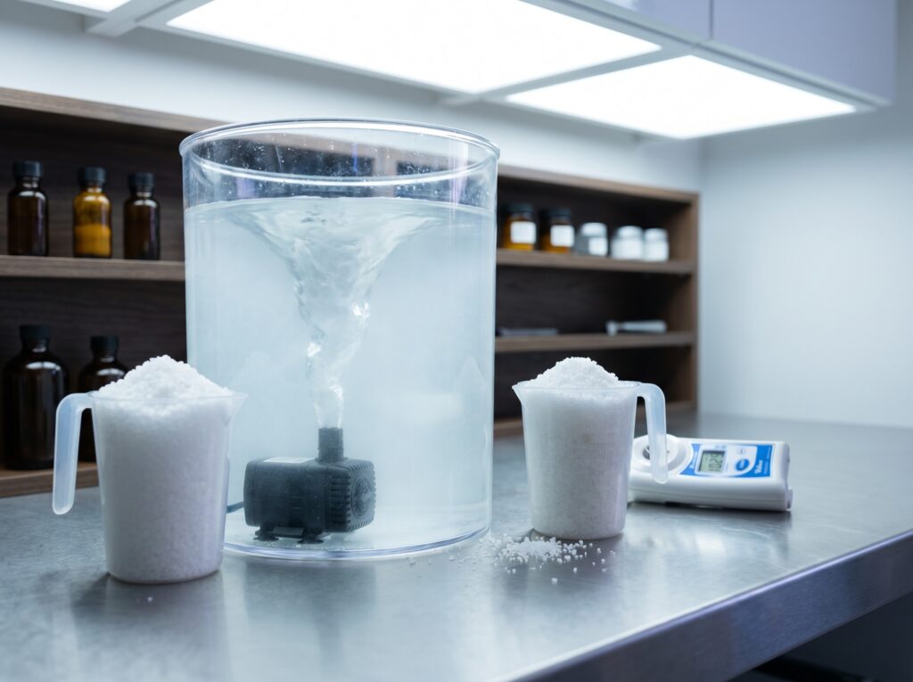 reef salt mixing station showing salt crystals, mixing vessel, and refractometer for water change preparation