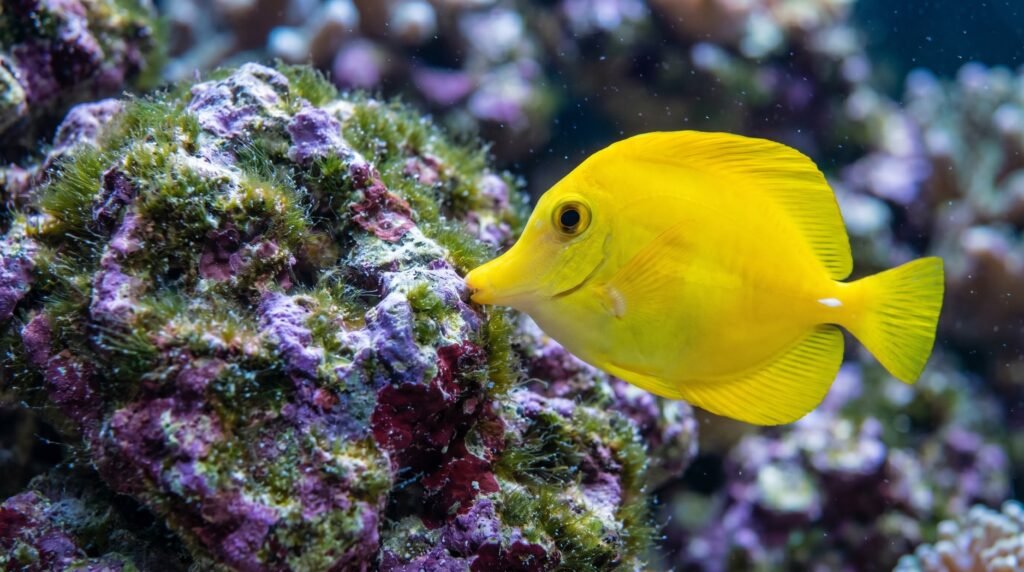 yellow tang nibbling filamentous algae from coralline-covered live rock in a reef tank