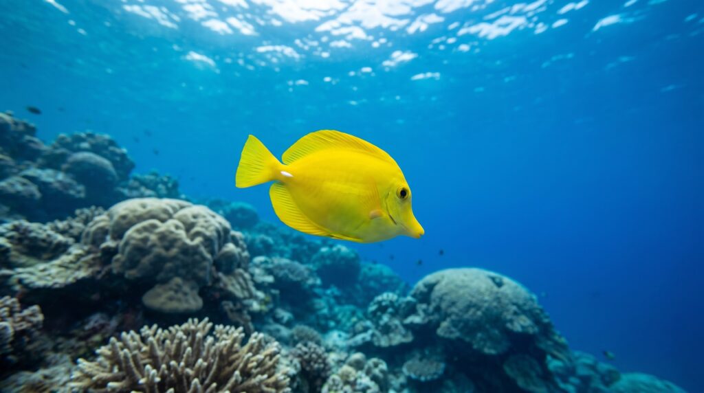 adult yellow tang swimming over a natural coral reef, showing its open-water size