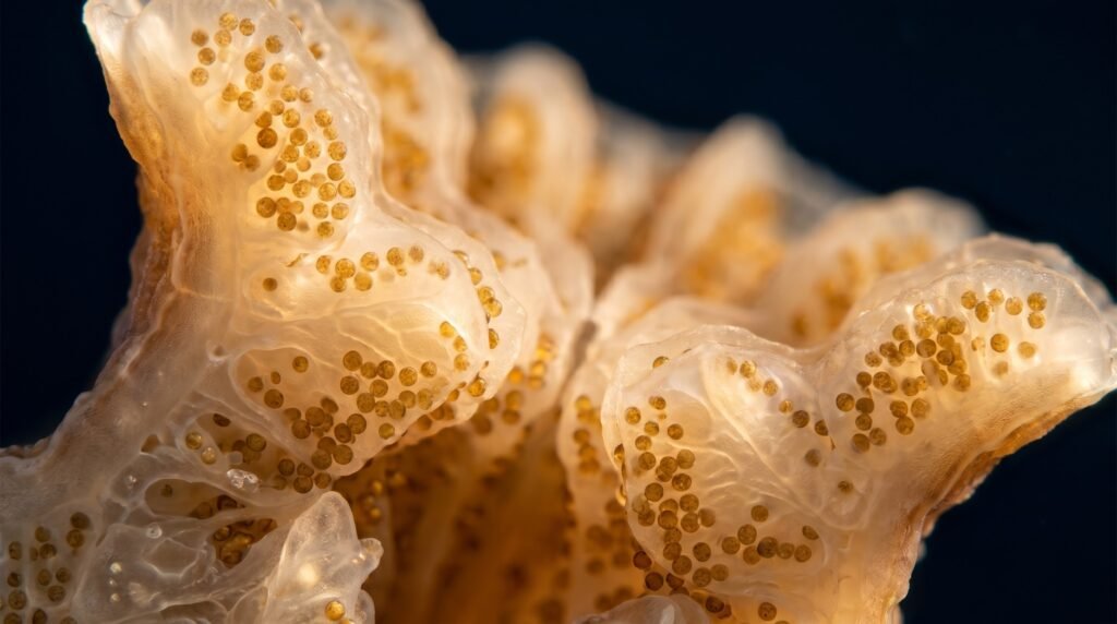 Close-up of coral polyp tissue revealing zooxanthellae cells embedded inside